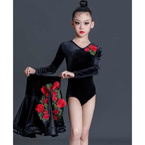 Girls kids Black with Red Rose flowers Velvet Latin Ballroom Dance Dresses Salsa Cha Cha Performance Costumes for Children
